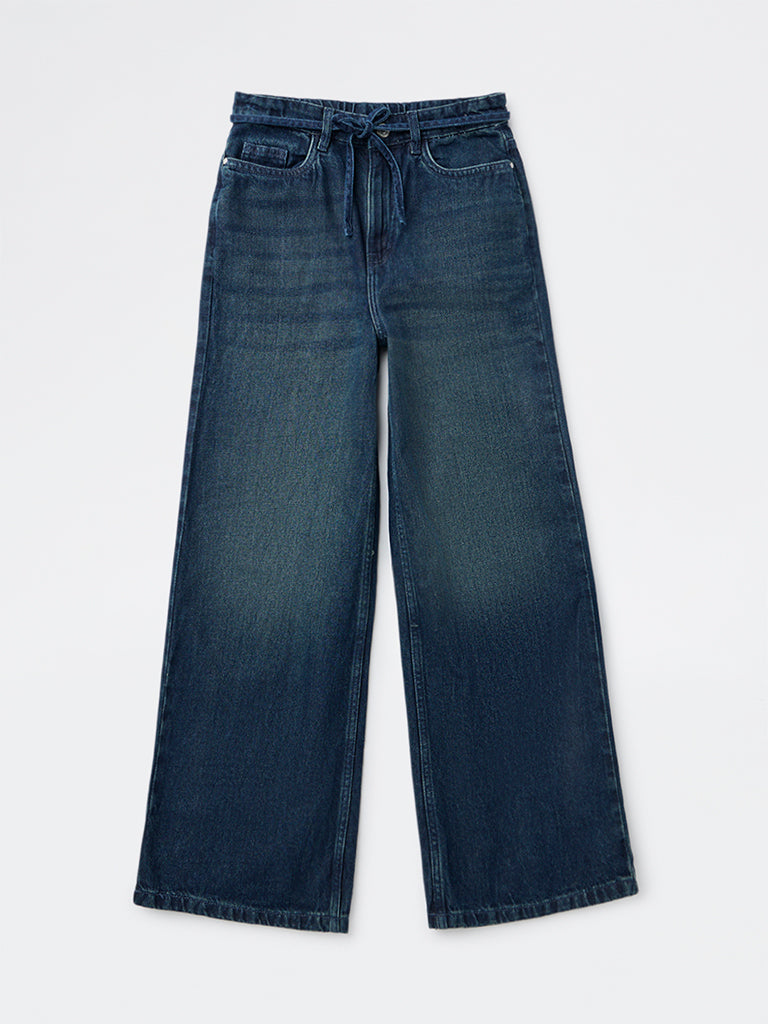 Girls Blue Dark Wash High-Rise Jeans with Belt