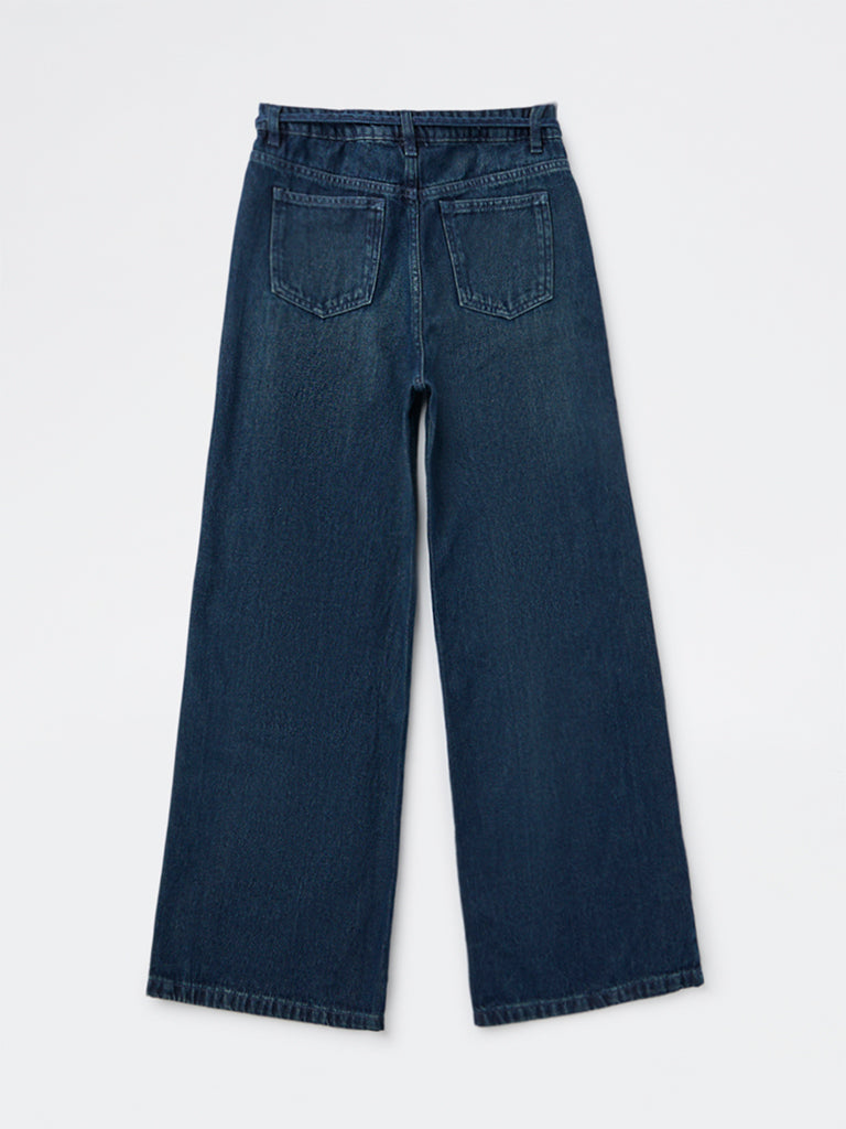 Girls Blue Dark Wash High-Rise Jeans with Belt