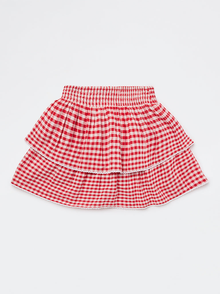 Girls Red Checkered Tiered Cotton Skirt