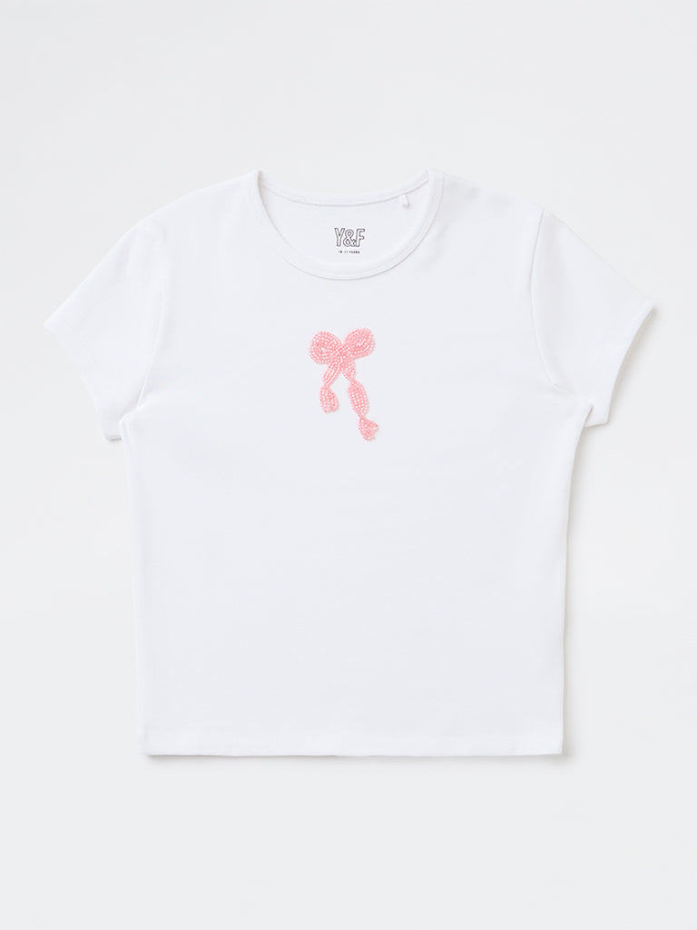 Girls White Embellished Cotton-Blend T-Shirt