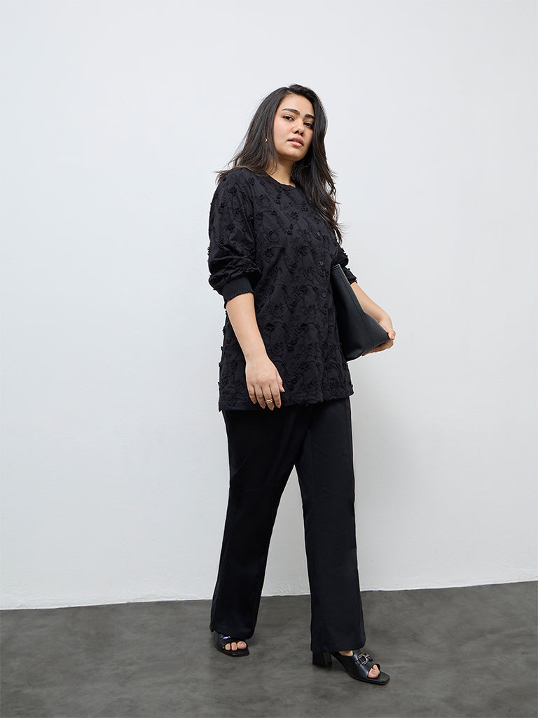 Diza Black Floral Embroidered Cotton Tunic