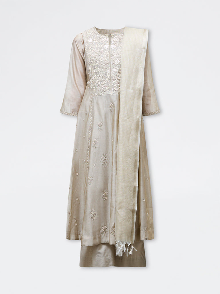 Vark Beige Floral Embroidered Cotton-Blend Anarkali Ethnic Set