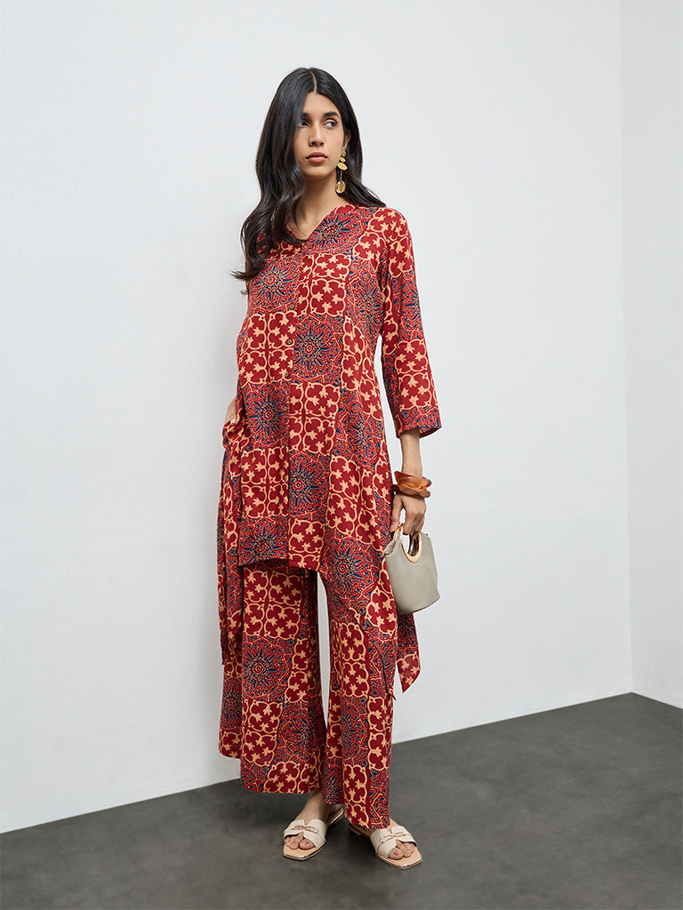 Utsa Red Printed A-Line Kurta