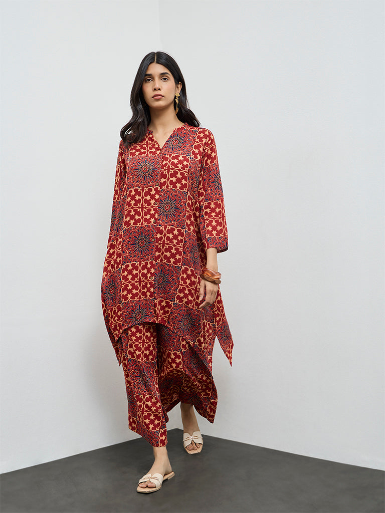 Utsa Red Printed A-Line Kurta