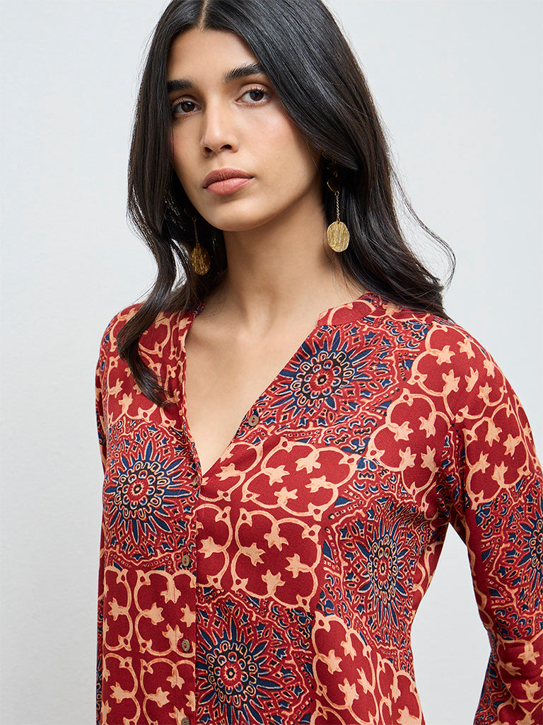 Utsa Red Printed A-Line Kurta