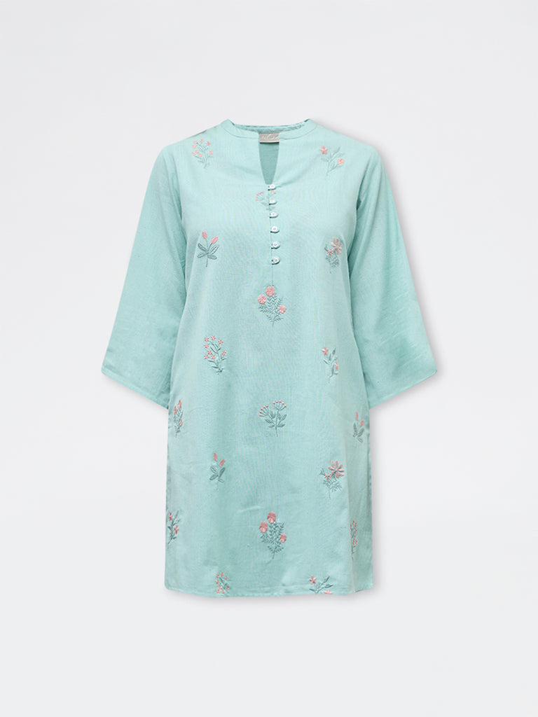 Utsa Aqua Floral Embroidered Cotton-Blend Straight Kurta