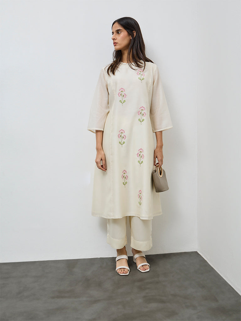 Utsa Purple Floral Embroidered Cotton A-Line Kurta