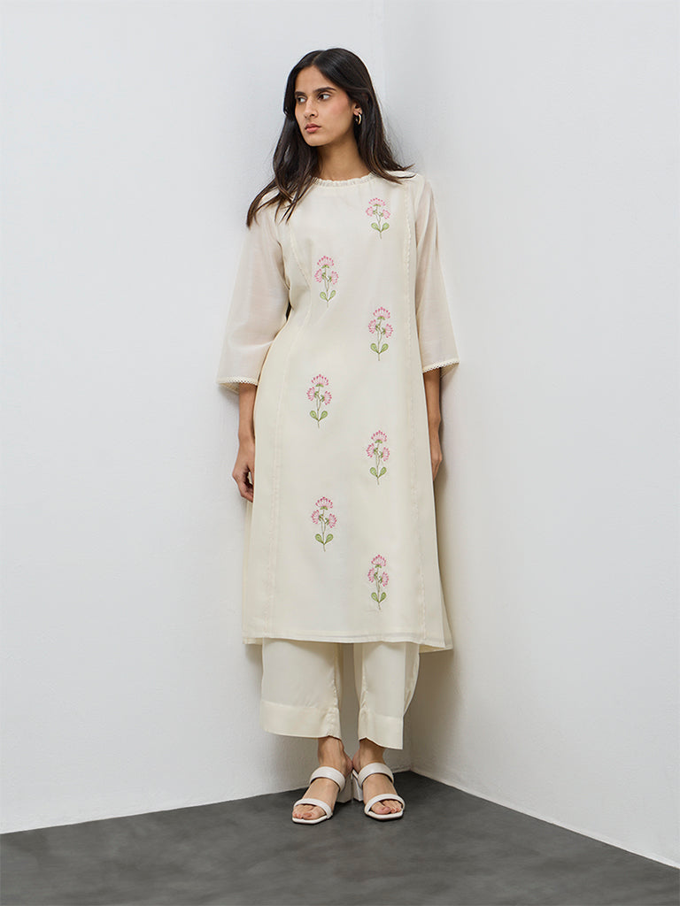 Zuba Cream Floral Embroidered Cotton-Blend A-Line Kurta