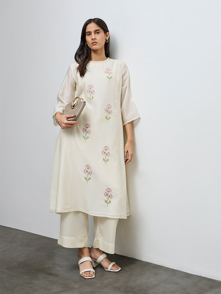 Zuba Cream Floral Embroidered Cotton-Blend A-Line Kurta