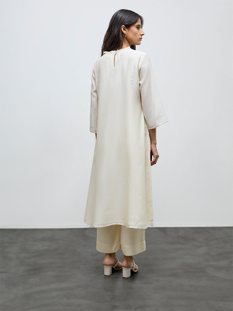 Zuba Cream Floral Embroidered Cotton-Blend A-Line Kurta