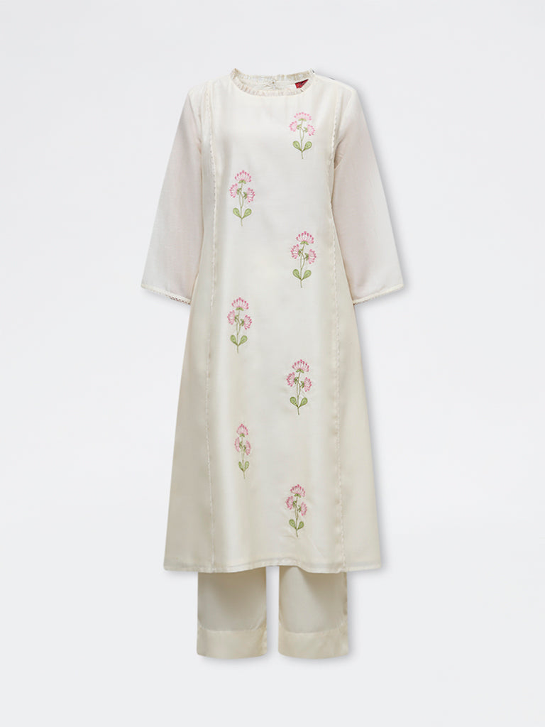 Zuba Cream Floral Embroidered Cotton-Blend A-Line Kurta