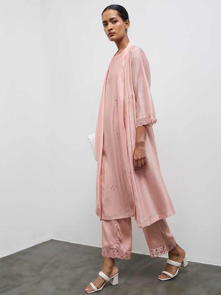 Zuba Dusty Pink Floral Embroidered A-Line Kurta