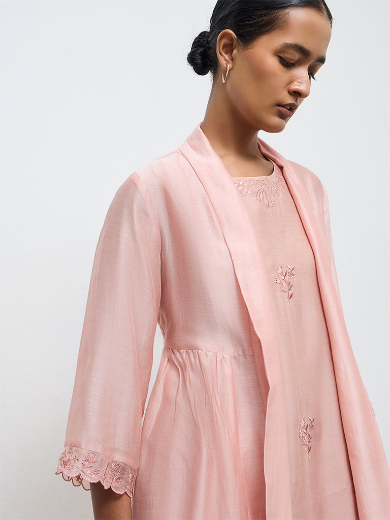 Zuba Dusty Pink Floral Embroidered A-Line Kurta