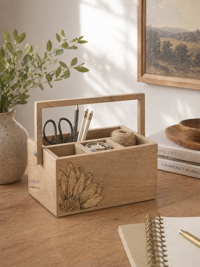 Westside Home Light Brown Sunflower Design Wooden Caddy