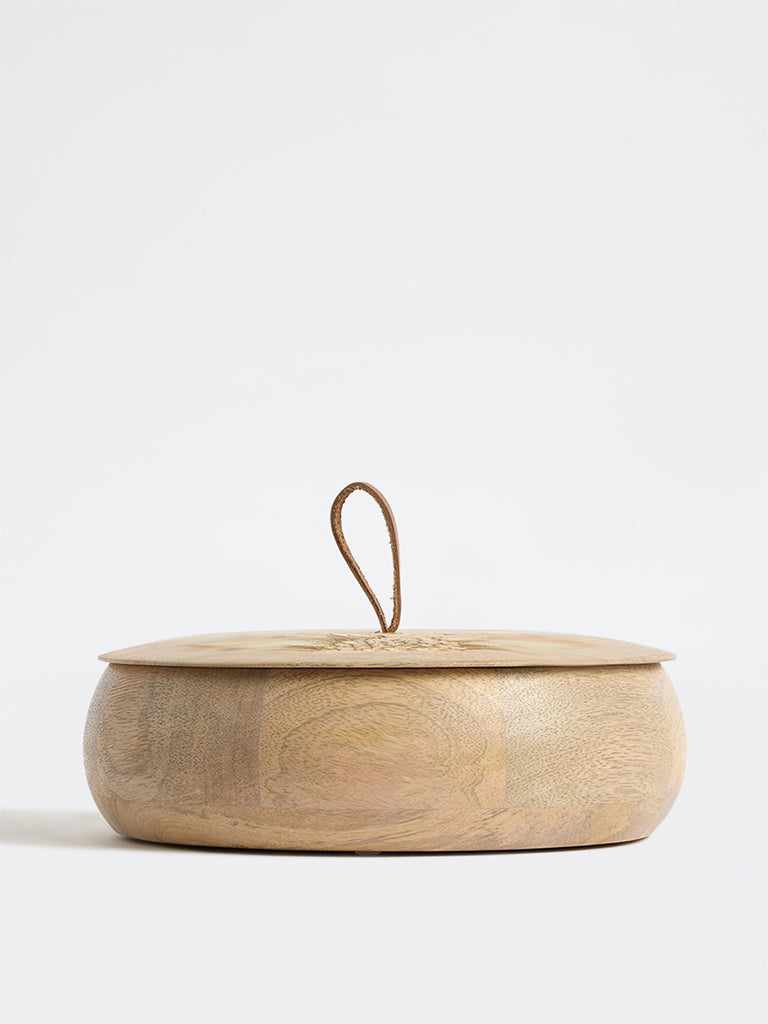 Westside Home Light Brown Sunflower Design Wooden Roti Box with Lid