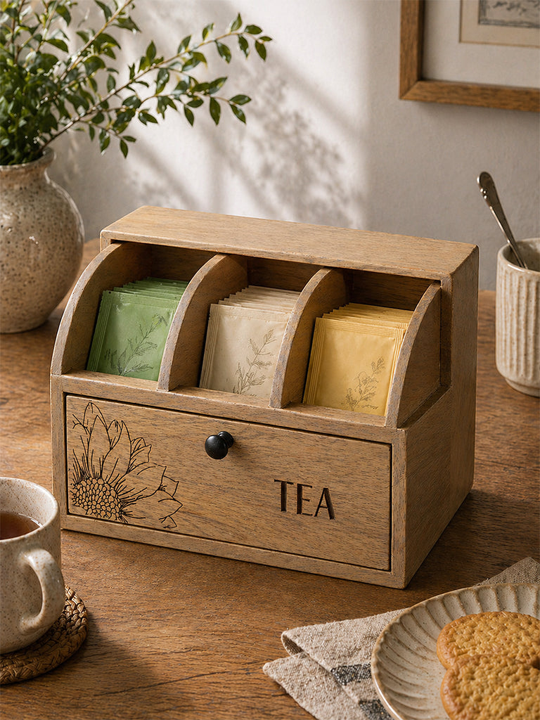 Westside Home Light Brown Sunflower Design Wooden Tea Box