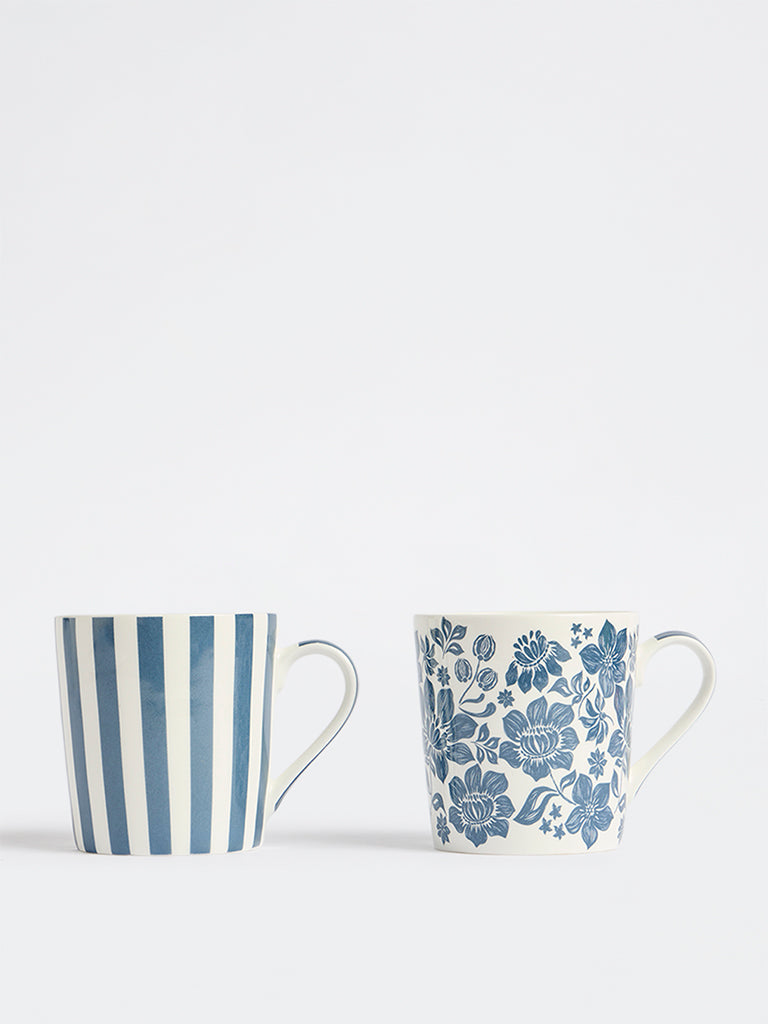 Westside Home Blue Floral And Striped Mugs (Set of 2)