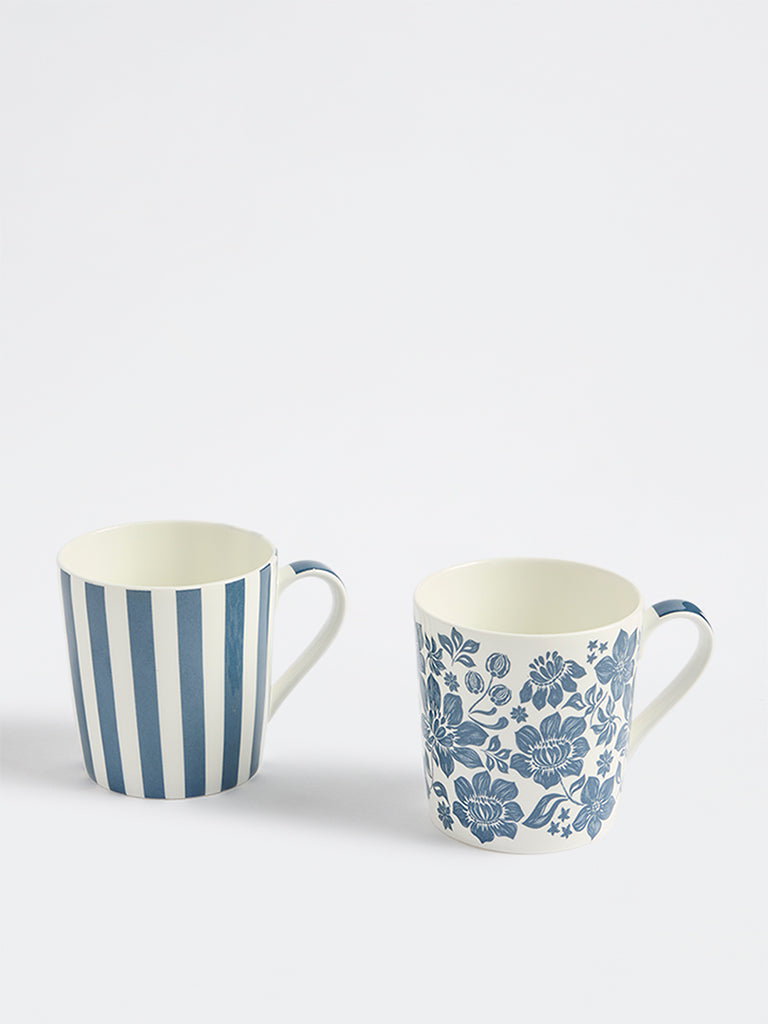 Westside Home Blue Floral And Striped Mugs (Set of 2)