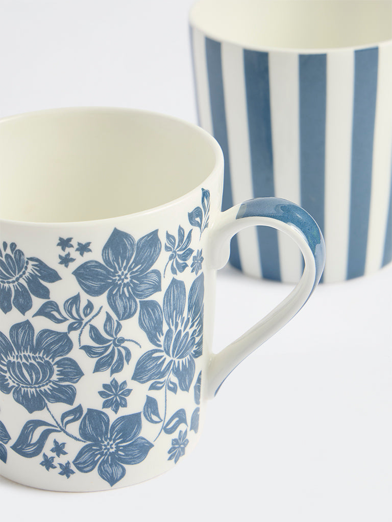 Westside Home Blue Floral And Striped Mugs (Set of 2)