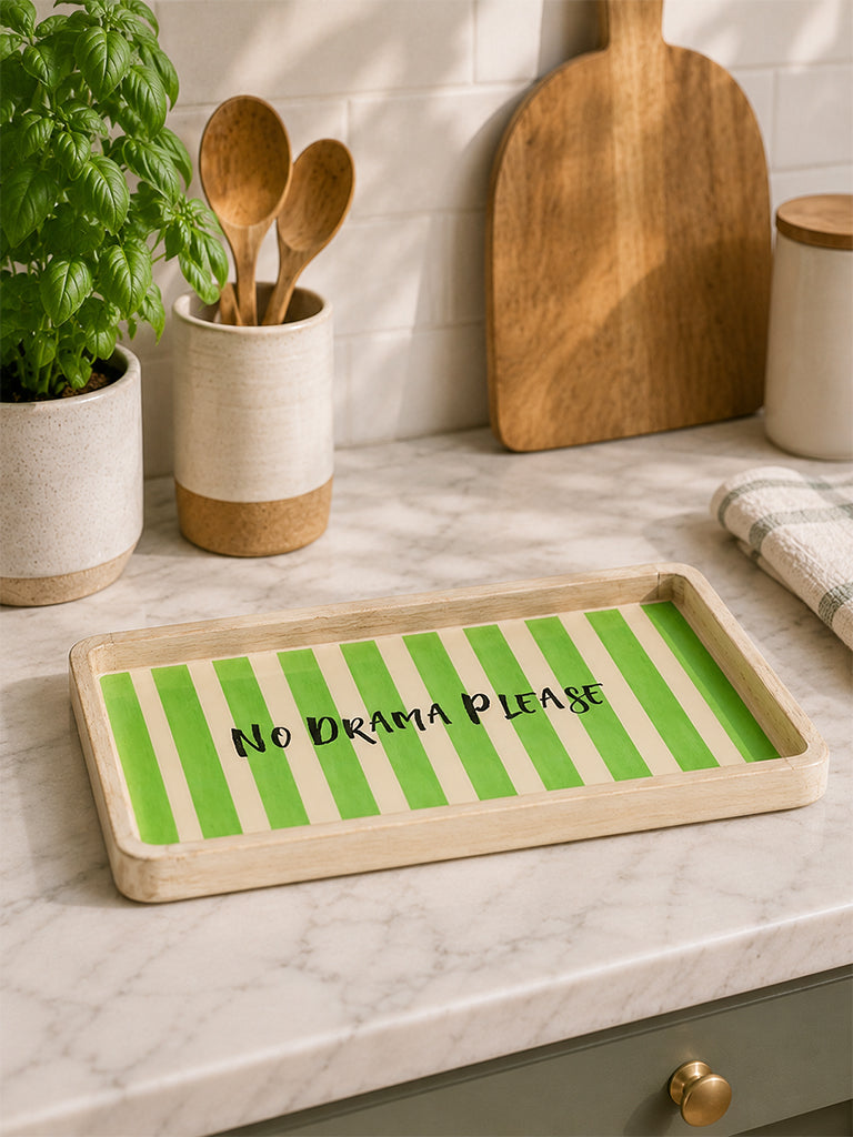 Westside Home Green Striped Wooden Tray