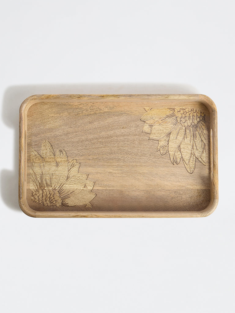 Westside Home Light Brown Sunflower Design Wooden Tray