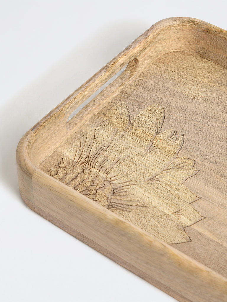 Westside Home Light Brown Sunflower Design Wooden Tray