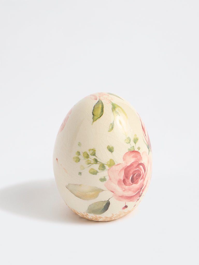 Westside Home Off-White Ceramic Floral Pattern Egg Decorative Object