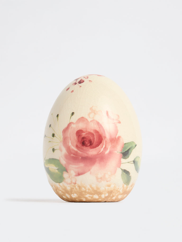 Westside Home Off-White Ceramic Floral Pattern Egg Decorative Object