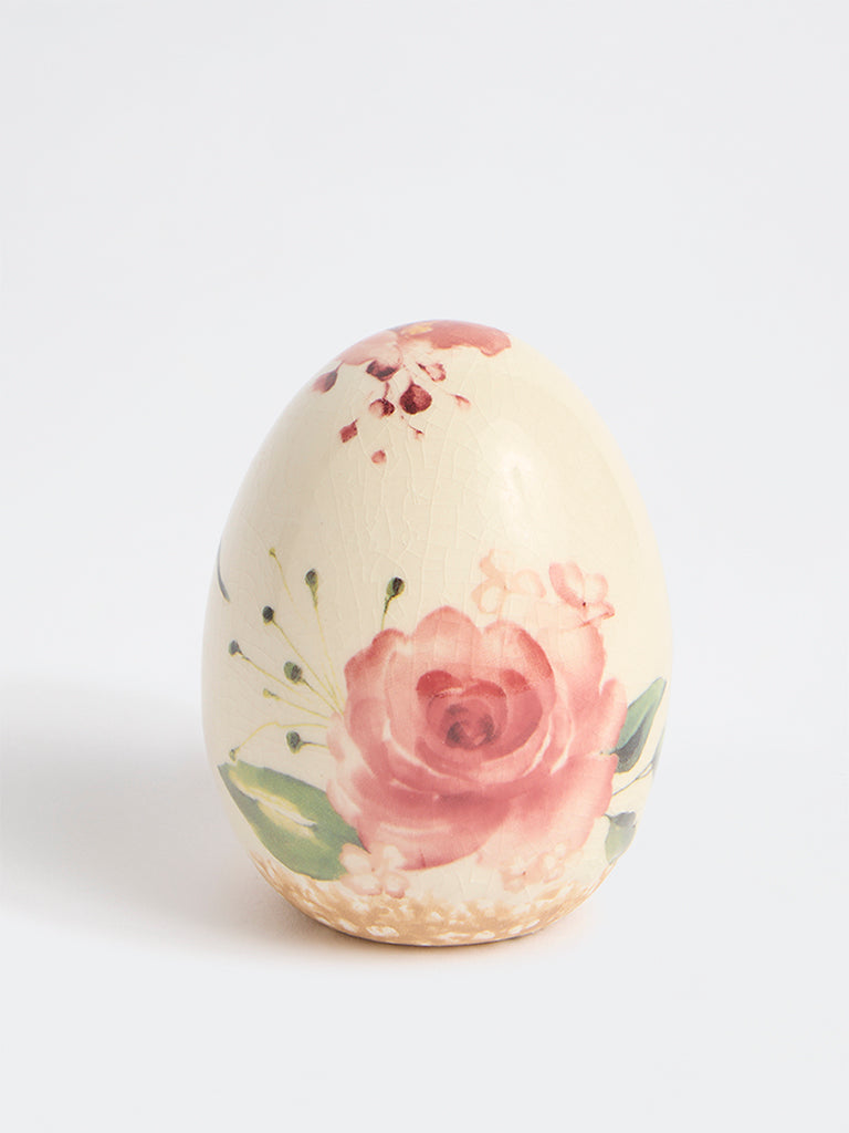 Westside Home Off-White Ceramic Floral Pattern Egg Decorative Object