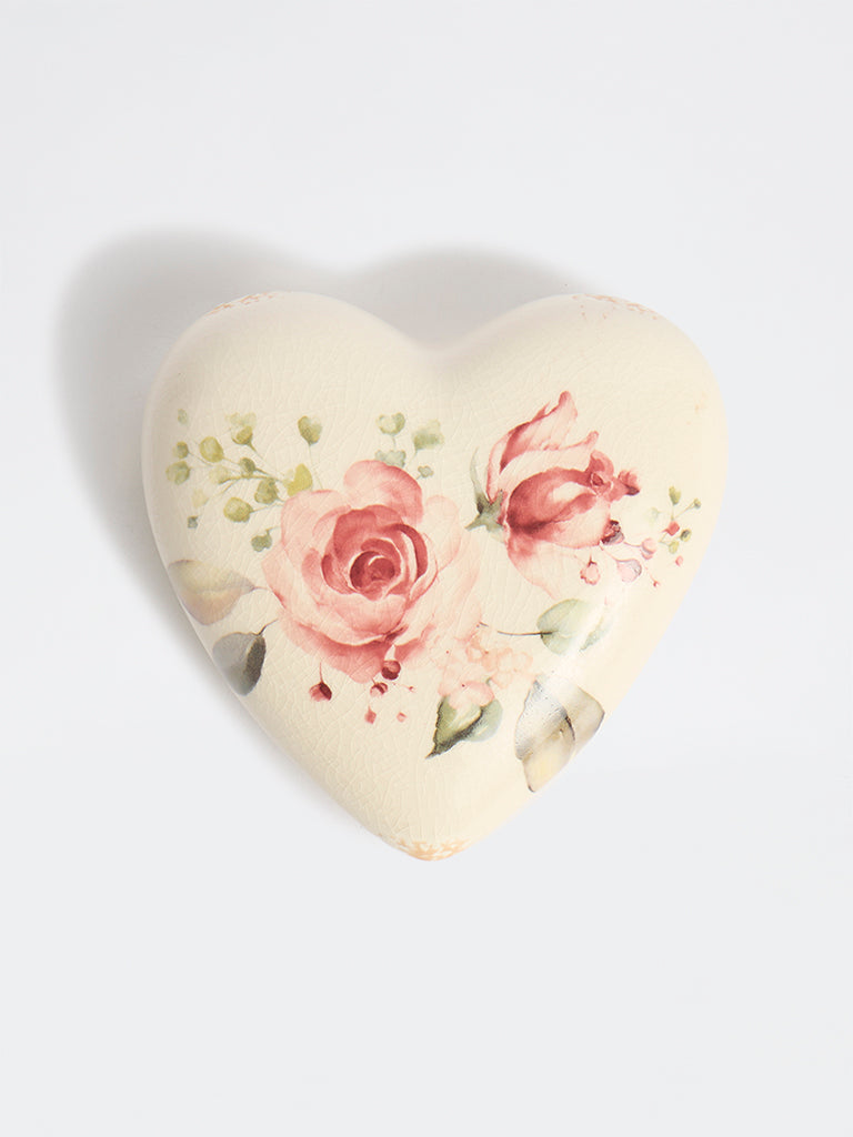 Westside Home Off-White Ceramic Floral Pattern Heart Decorative Object