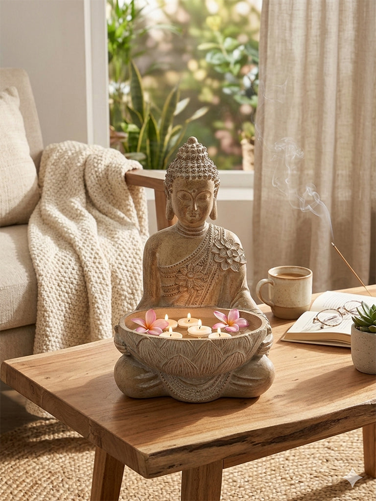 Westside Home Light Taupe Resin Buddha with Boat Decorative Object