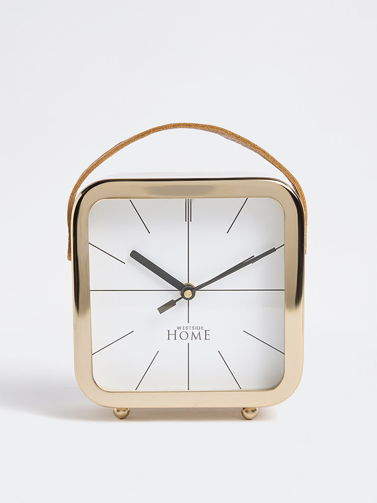 Westside Home Gold Square Clock with Leather Handle