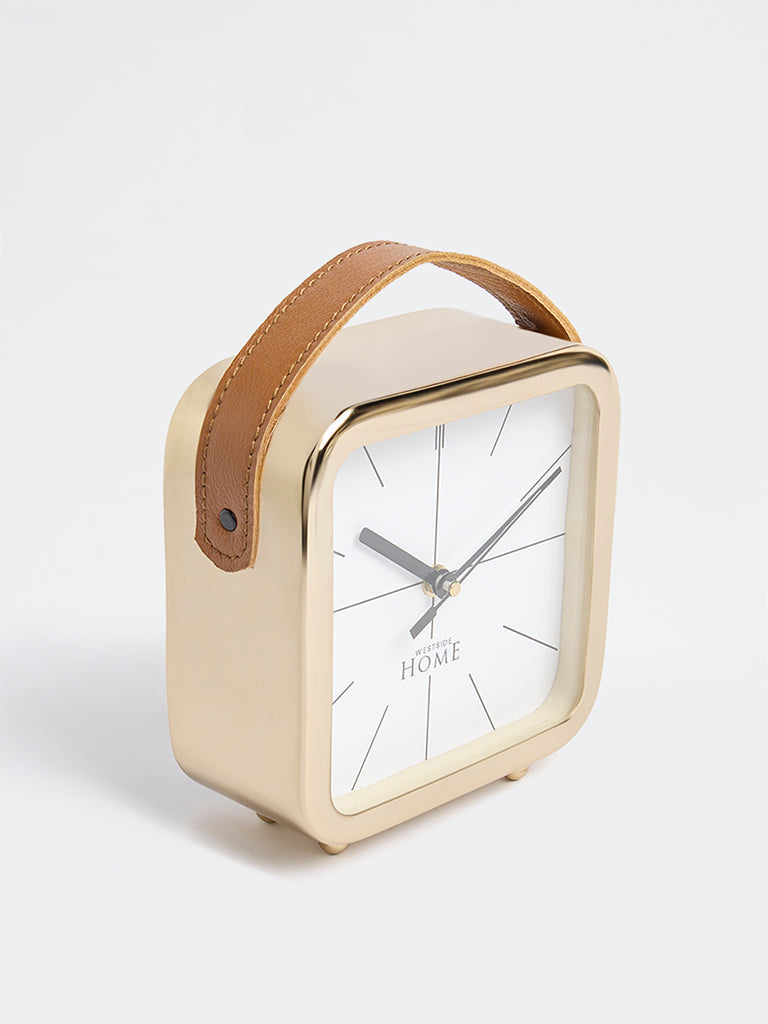 Westside Home Gold Square Clock with Leather Handle