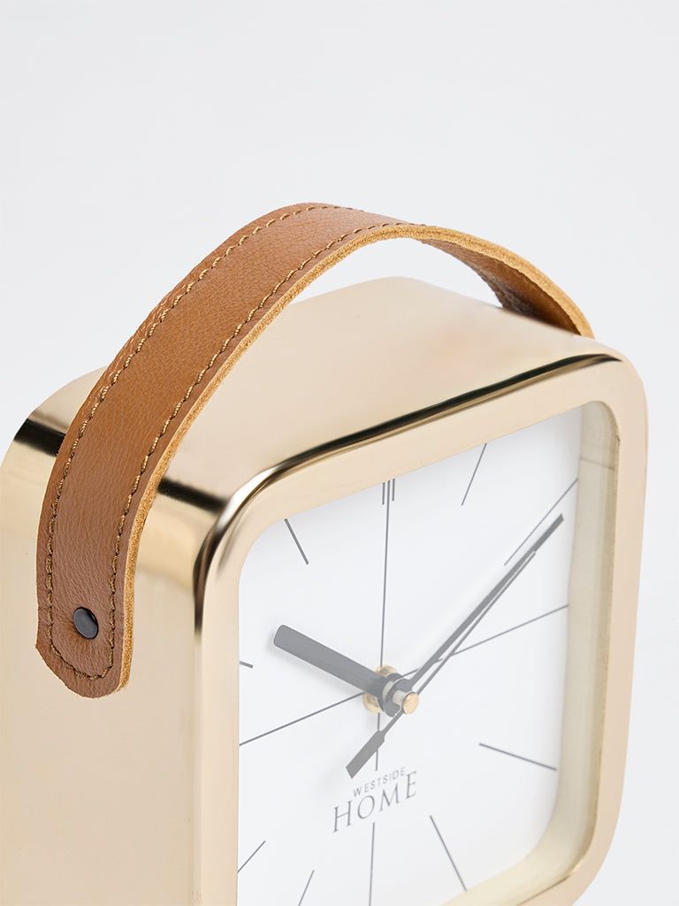 Westside Home Gold Square Clock with Leather Handle