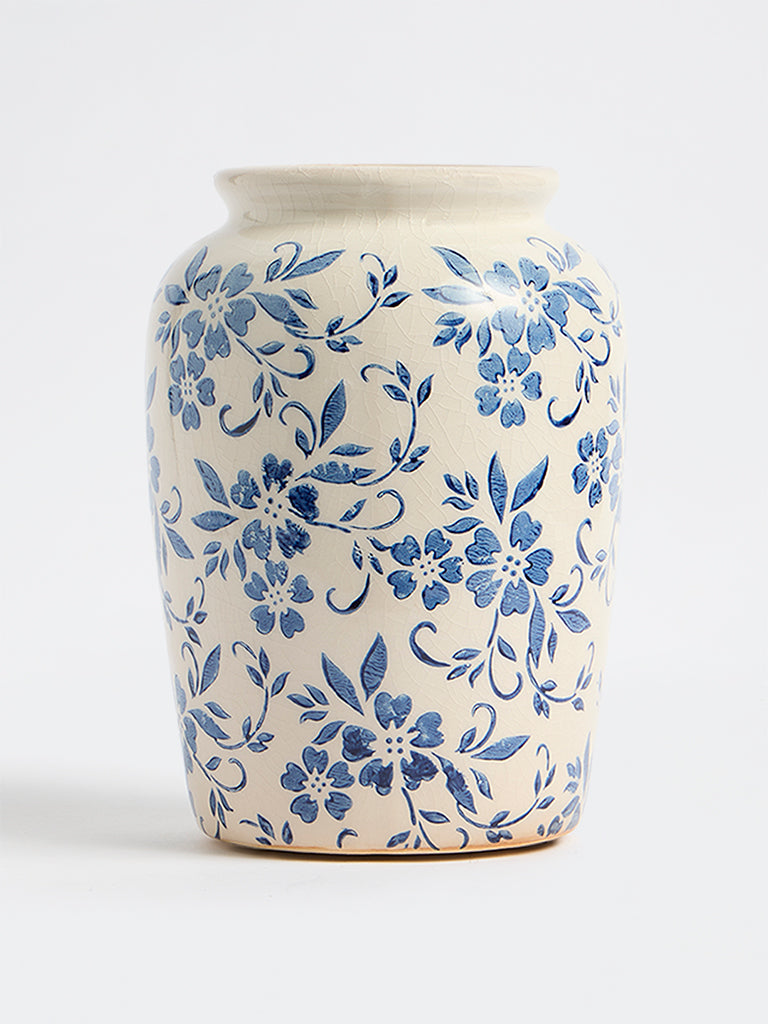 Westside Home Blue Floral Pattern Cylindrical Vintage Vase