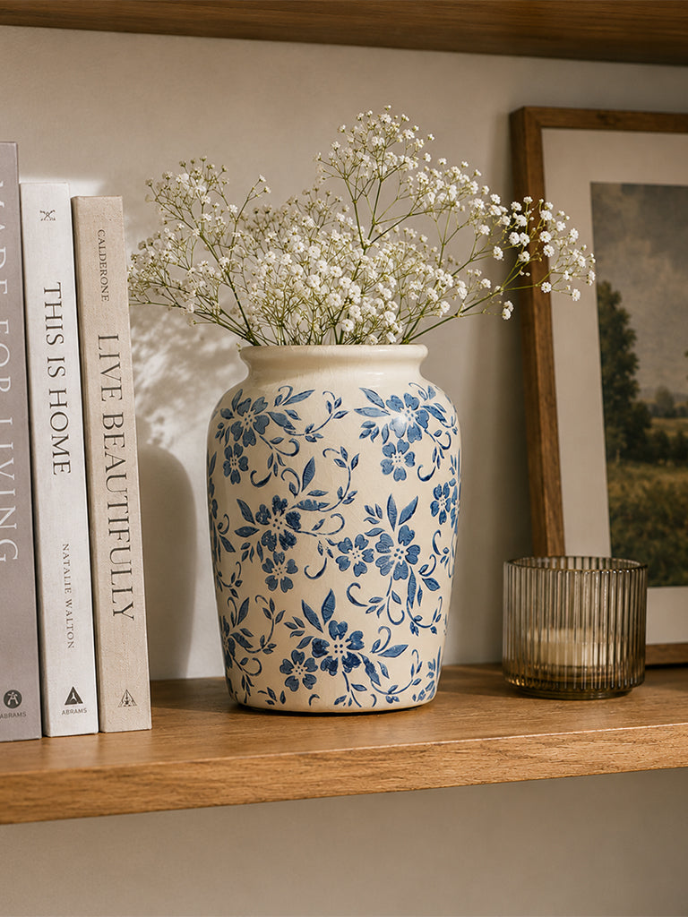 Westside Home Blue Floral Pattern Cylindrical Vintage Vase