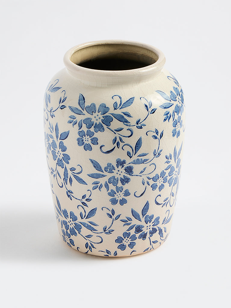 Westside Home Blue Floral Pattern Cylindrical Vintage Vase