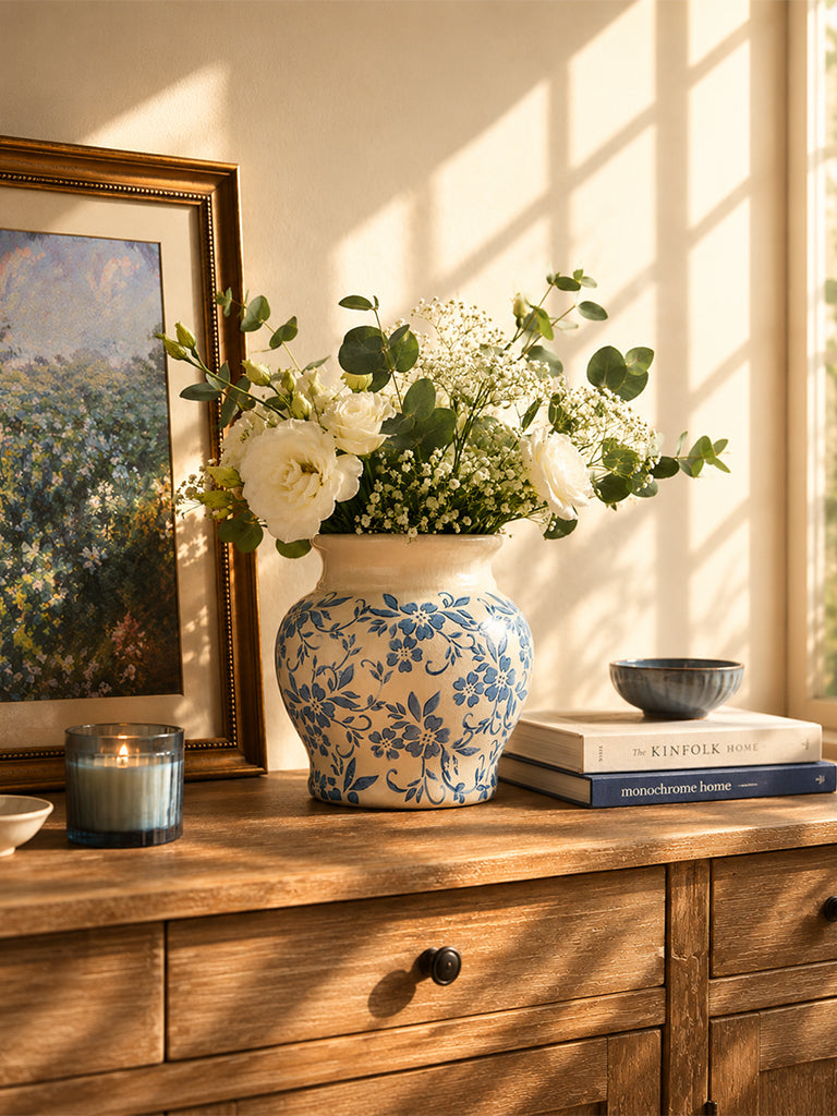 Westside Home Blue Floral Pattern Rounded Vintage Vase