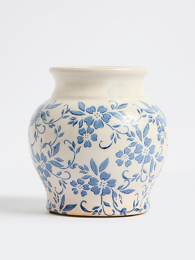 Westside Home Blue Floral Pattern Rounded Vintage Vase