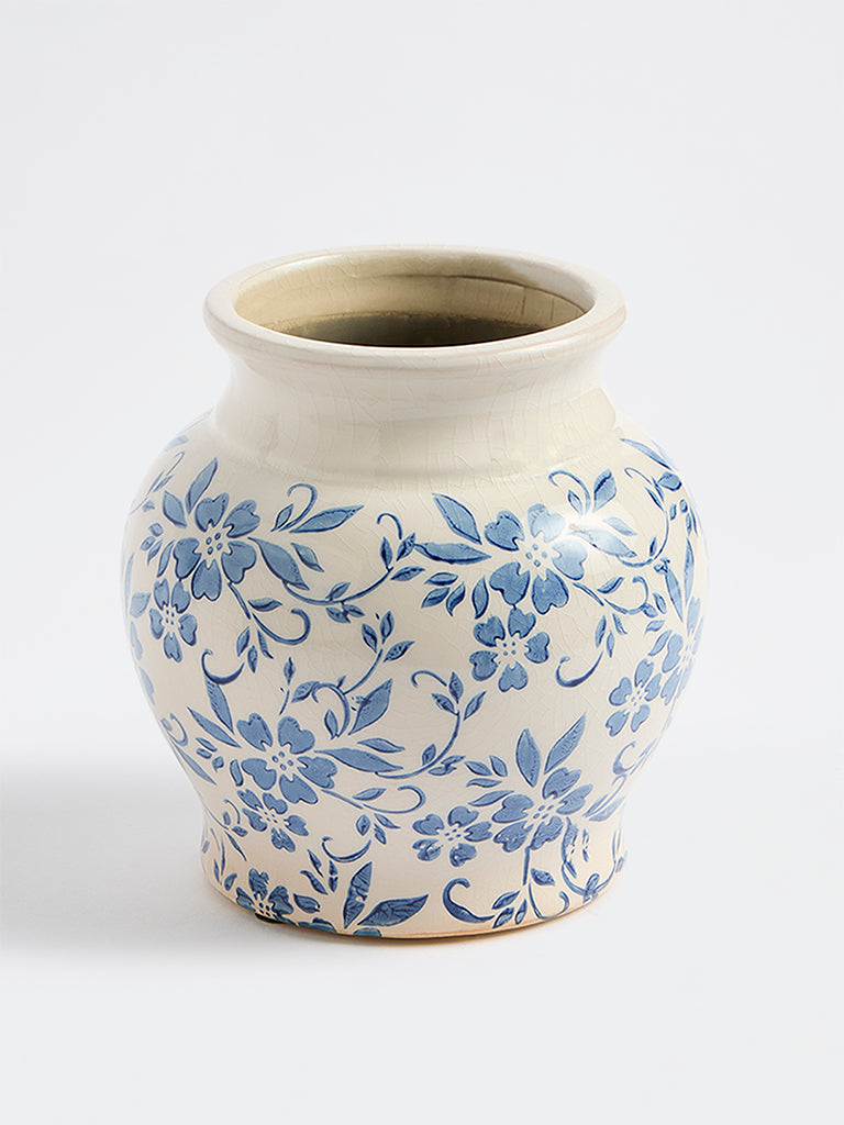 Westside Home Blue Floral Pattern Rounded Vintage Vase