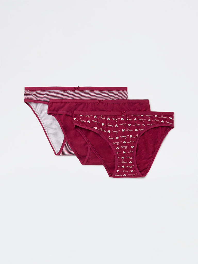 Wunderlove Plum Printed Cotton-Blend Bikini Briefs - Pack of 3