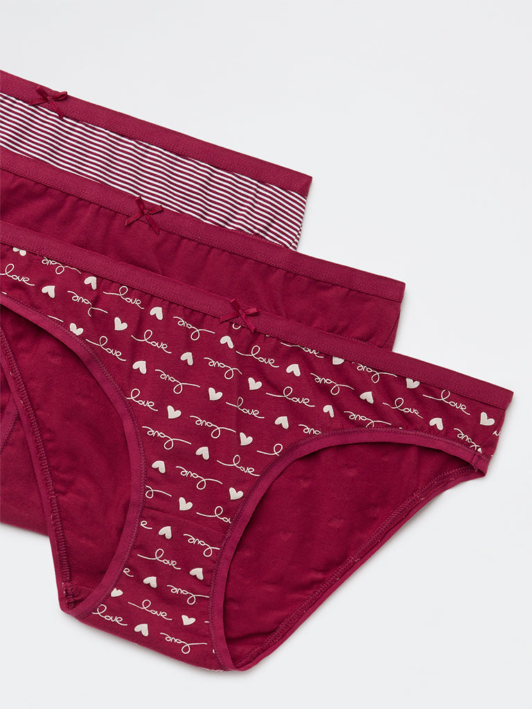 Wunderlove Plum Printed Cotton-Blend Bikini Briefs - Pack of 3