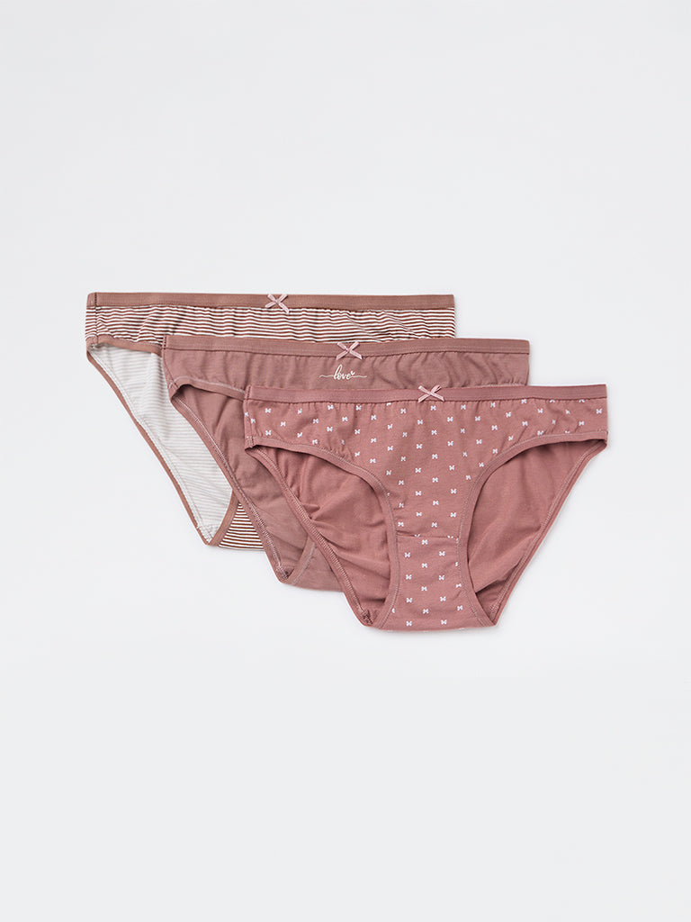 Wunderlove Brown Bikini Cotton-Blend Briefs - Pack of 3
