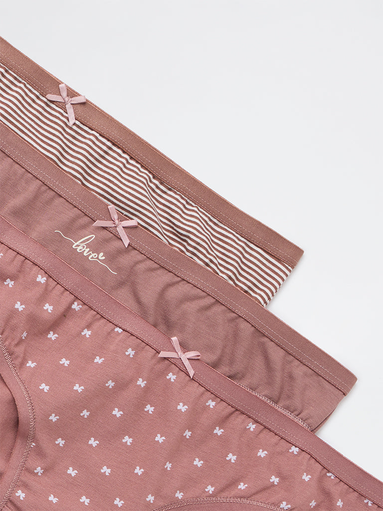 Wunderlove Brown Bikini Cotton-Blend Briefs - Pack of 3