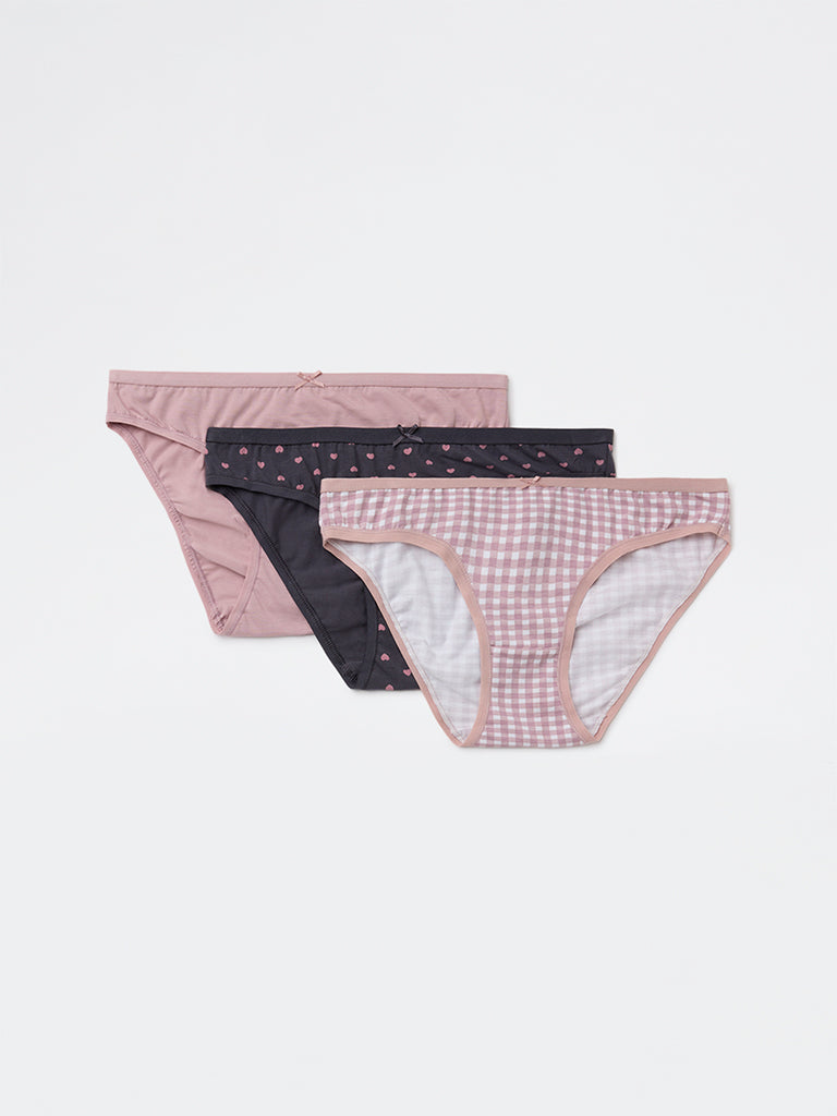 Wunderlove Mauve Printed Cotton-Blend Bikini Briefs - Pack of 3