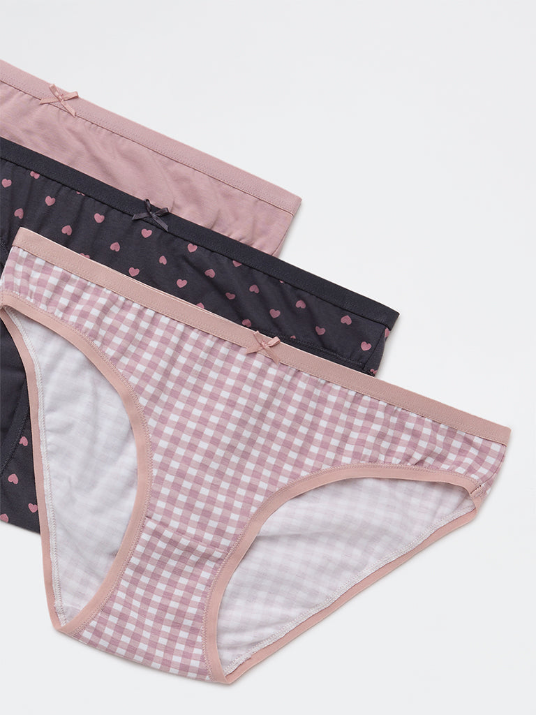 Wunderlove Mauve Printed Cotton-Blend Bikini Briefs - Pack of 3