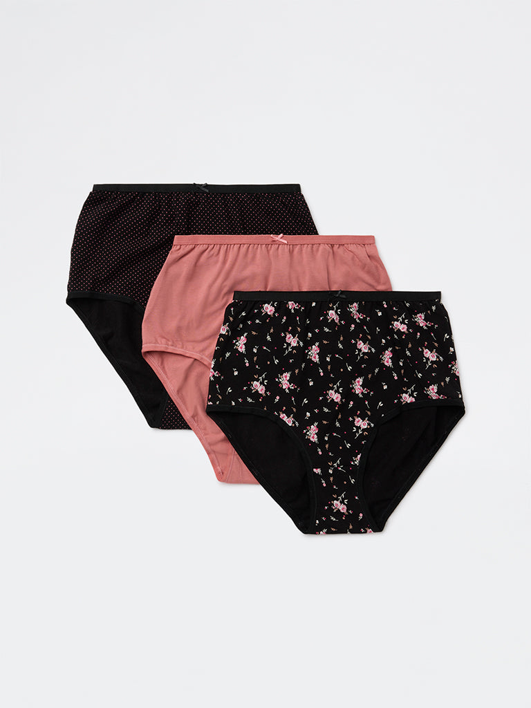 Wunderlove Black Printed Cotton-Blend Full Briefs - Pack of 3