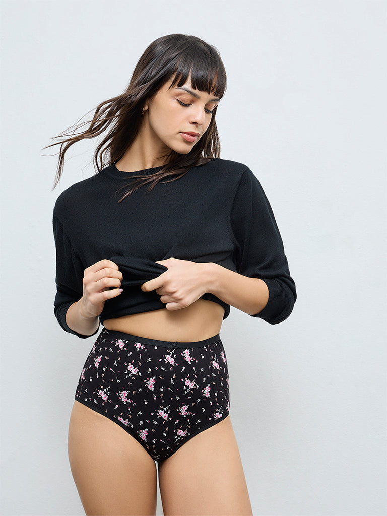 Wunderlove Black Printed Cotton-Blend Full Briefs - Pack of 3