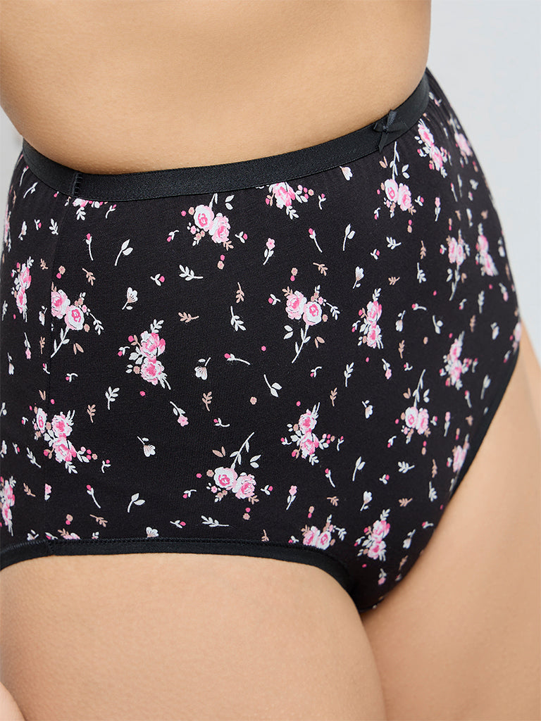 Wunderlove Black Printed Cotton-Blend Full Briefs - Pack of 3