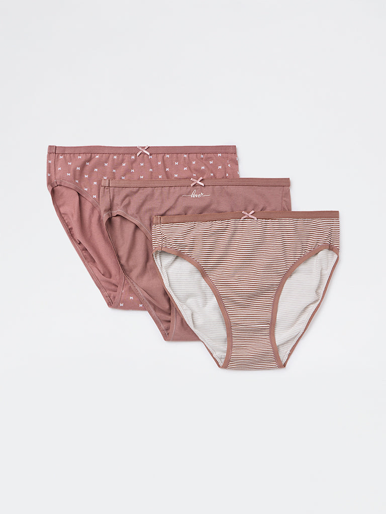 Wunderlove Mauve Bikini Cotton-Blend Briefs - Pack of 3